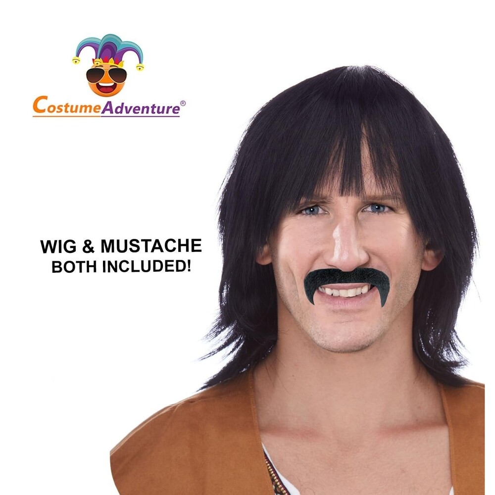 Black Shag 60's Hippie Wig and Mustache